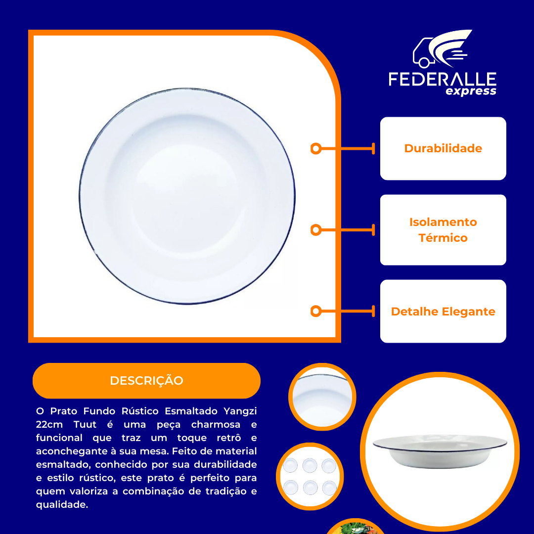 Jogo de 12 Pratos Fundo Rústico Esmaltado Branco Yangzi 22cm