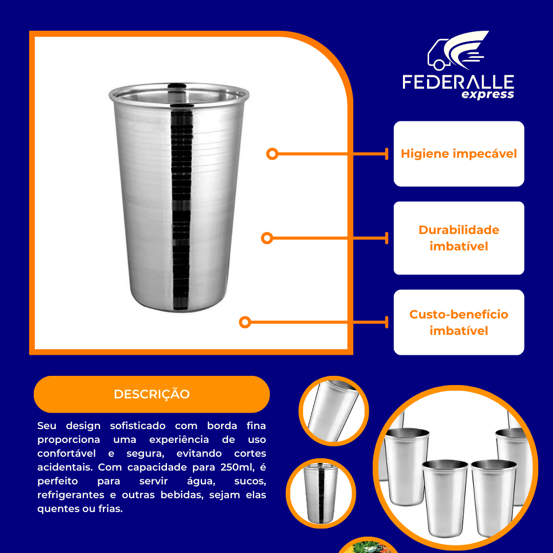 Jogo de 12 Copos Inox 250ml Yangzi Alumínio Resistente