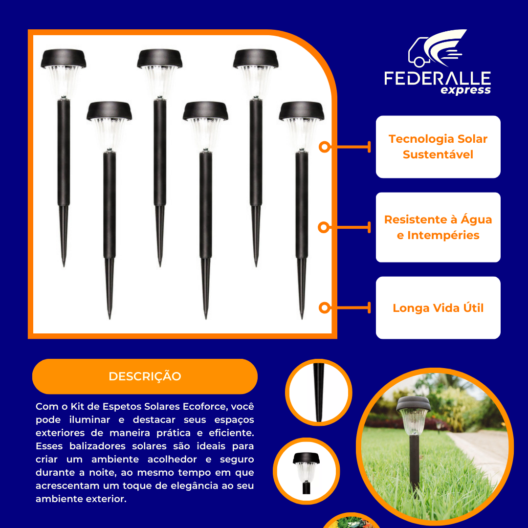 Kit com 06 Espeto Solar Ecoforce Balizadoras Led Luz Branca