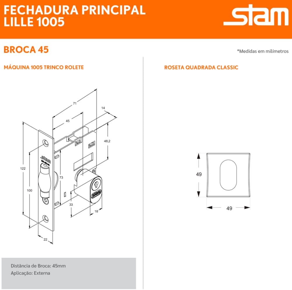 Fechadura Pivotante 803 Roseta Quadrada Inox Stam