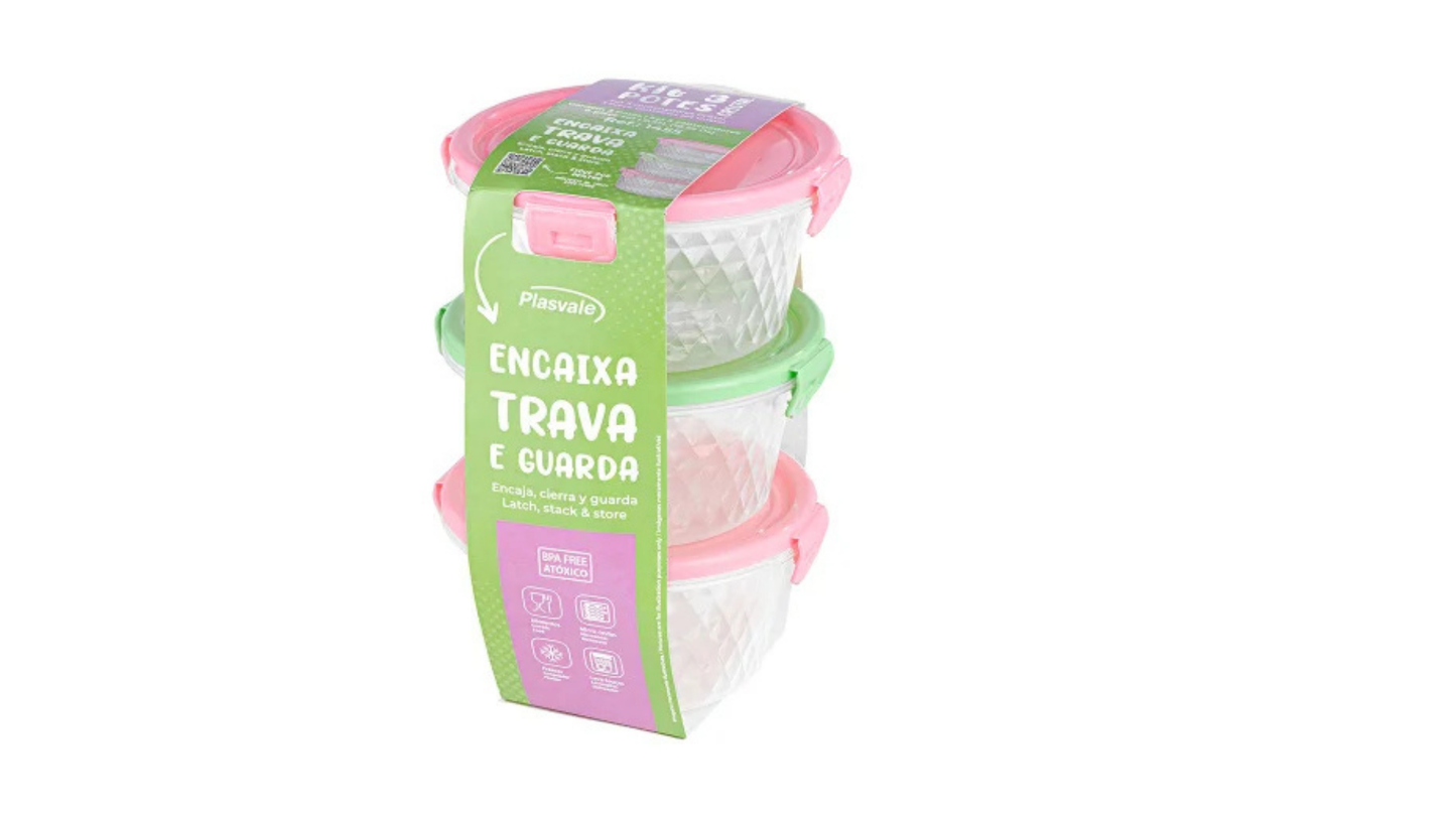 Kit 3 Potes Cristal Redondos 550mL Com Trava Porta Alimentos - Plasvale