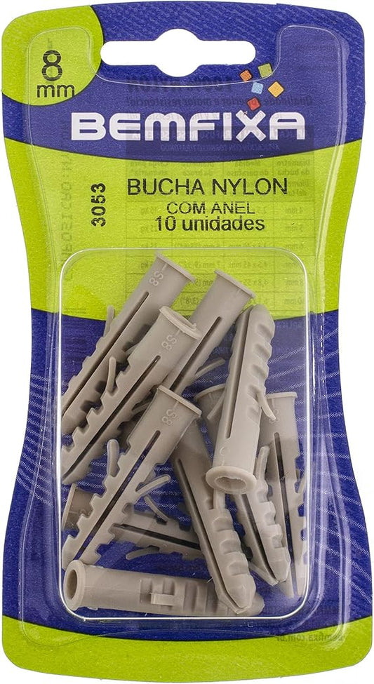 BemFixa Bucha de Nylon com Anel 8mm, 10 Peças, Branca