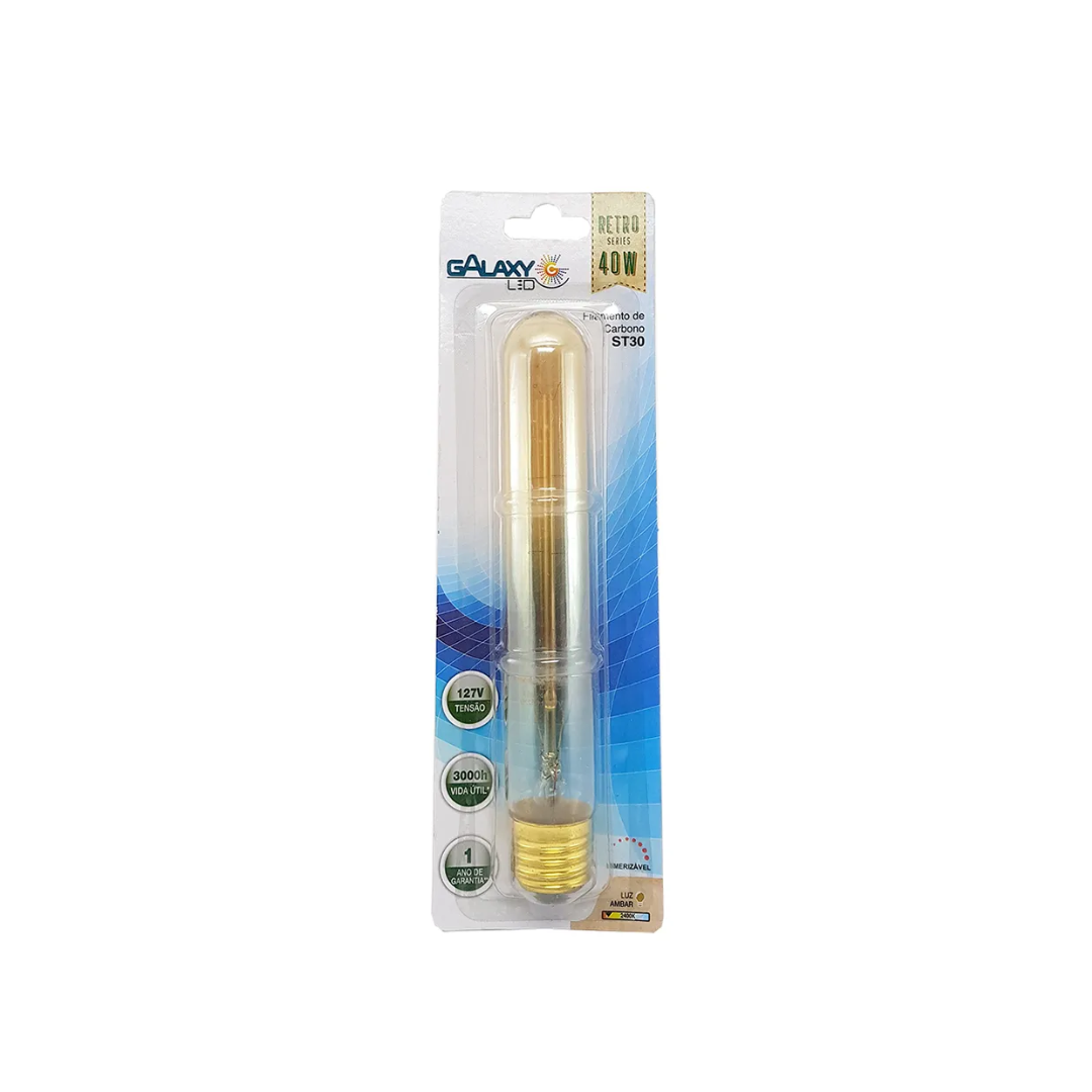 Lâmpada filamento de carbono tubo retrô vintage ST30 40W 2400K Âmbar E-27 127V