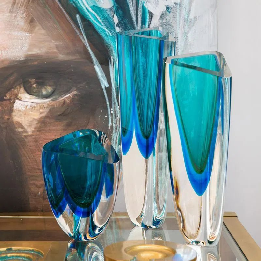 Cristal Murano Vaso Triangular 1 BIC N°3-T 8164 Cadoro Azul
