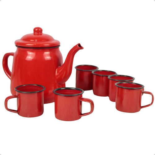 Kit Bule Esmaltado 1L com 6 Canecas 90ml Vermelho Yangzi