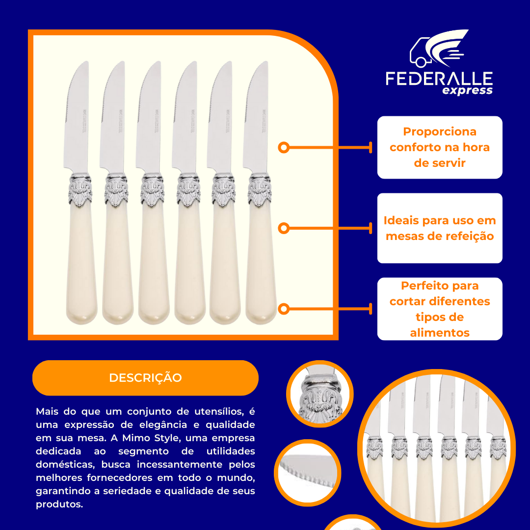 Facas de Mesa Romantic Pérola 6 Peças Mimo Style