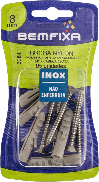 Parafuso Inox Fenda Cabeça Chata com Bucha 8 mm Bemfixa 5pçs