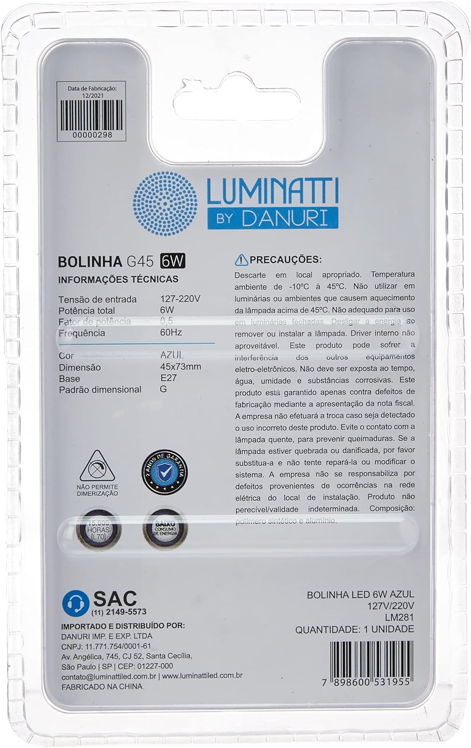 Lâmpada Bolinha Led 6w Azul 127v/220v Luminatti