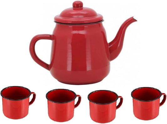 Kit Bule Esmaltado 1L com 4 Canecas 90ml Vermelho Yangzi